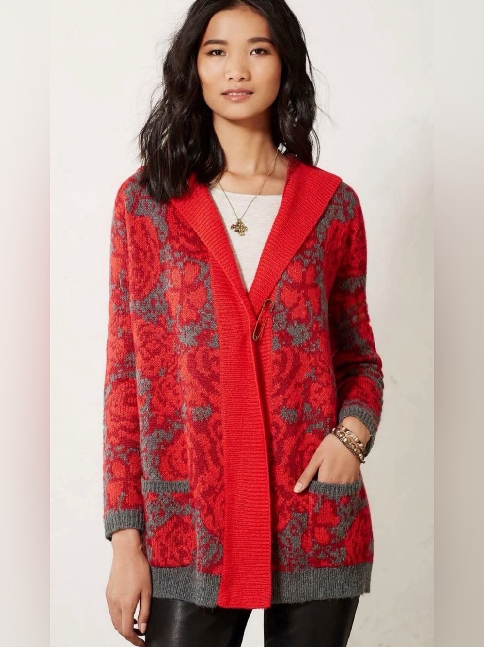 Sparrow Red Floral Hooded Oversized Long Cardigan Sweater Small